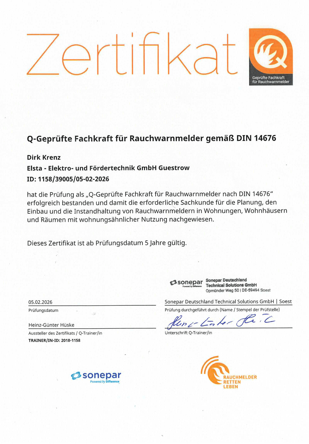 Zertifikat Rauchwarnmelderbefähigung